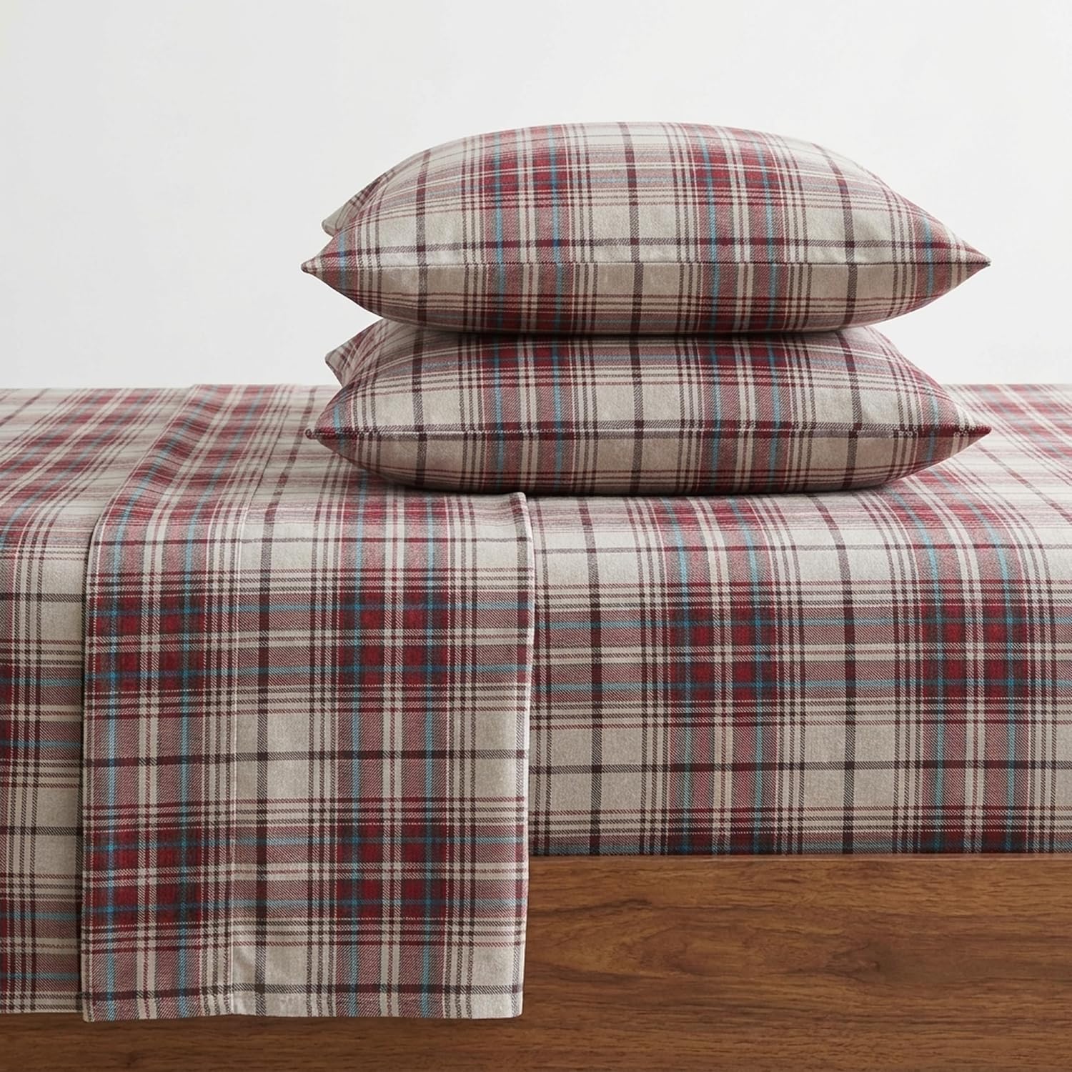 Eddie Bauer front view of Montlake Plaid red king sheet set showing full pattern and fit