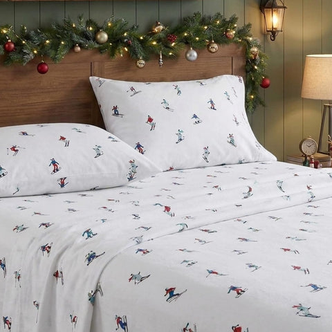 Eddie Bauer two pillowcases with flat sheet laid flat showing fabric finish
