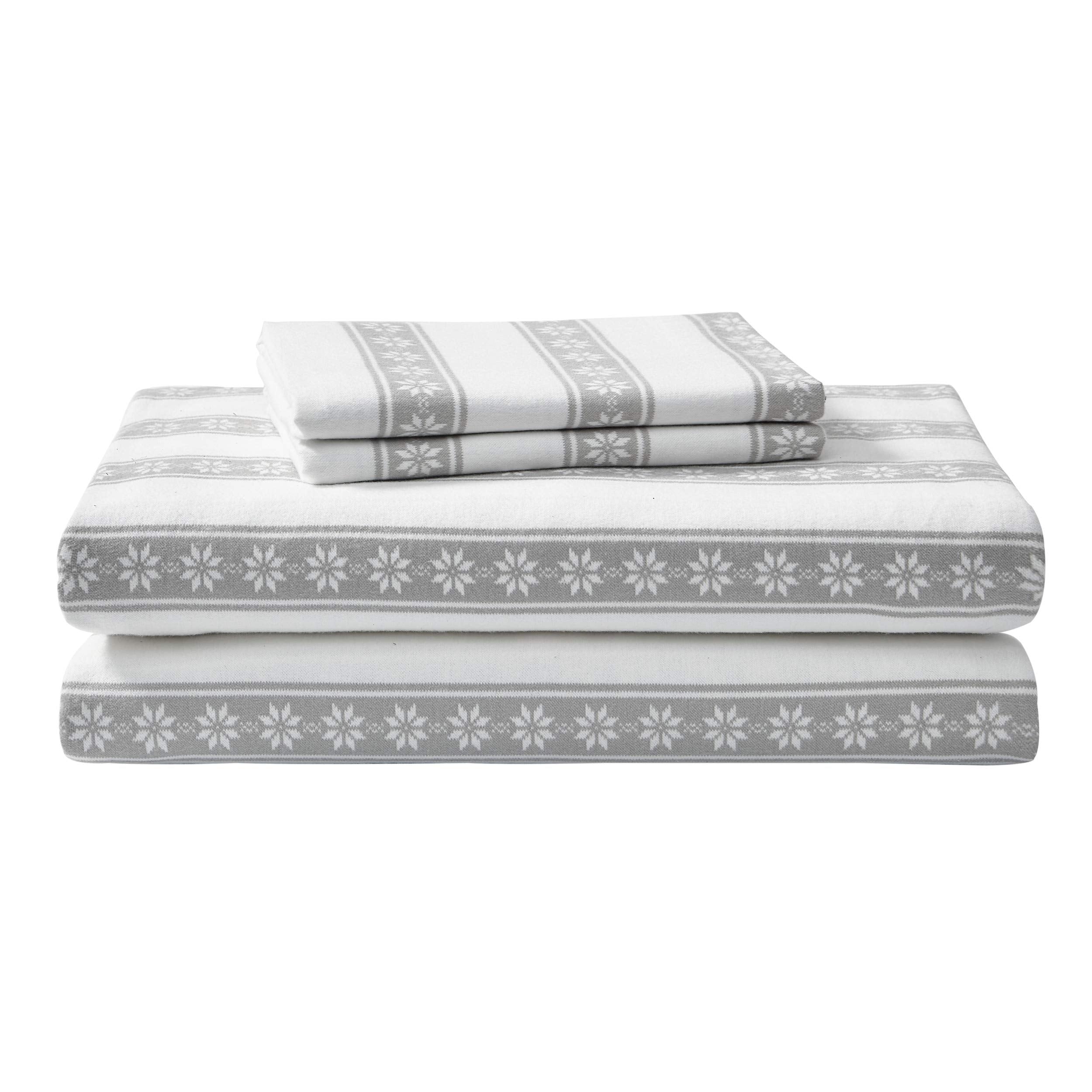 Eddie Bauer front view of Snowflake Fair Isle queen flat sheet showing pattern and cozy look