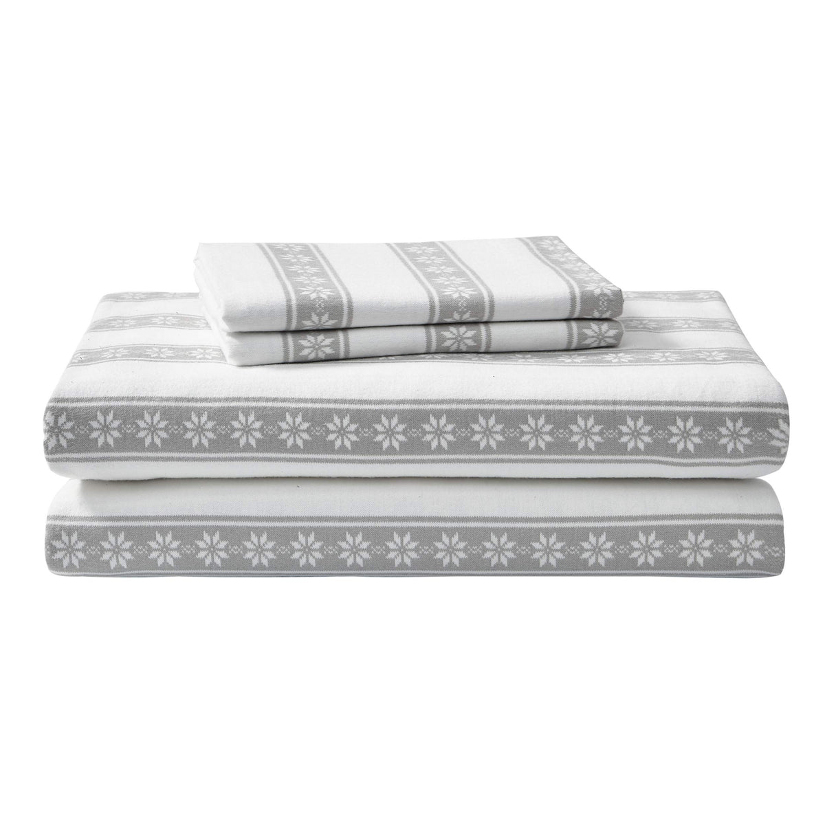 Eddie Bauer front view of Snowflake Fair Isle queen flat sheet showing pattern and cozy look