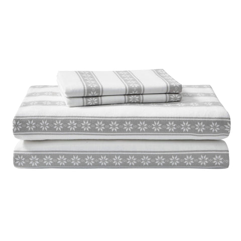 Eddie Bauer front view of Snowflake Fair Isle queen flat sheet showing pattern and cozy look