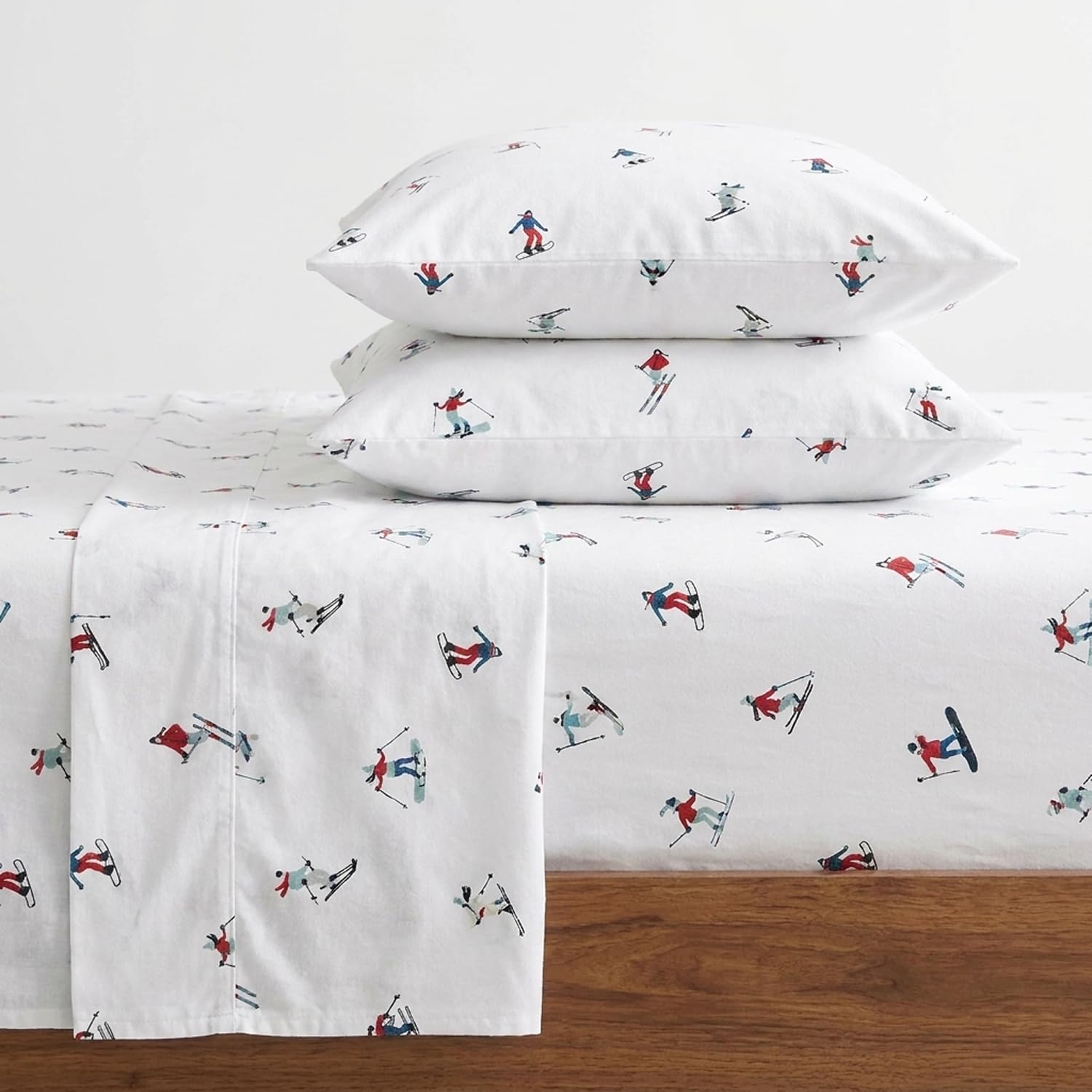 Eddie Bauer front view of queen flannel sheet set showing neat styling and softness
