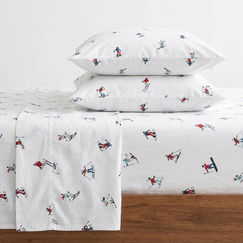 Eddie Bauer front view of queen flannel sheet set showing neat styling and softness