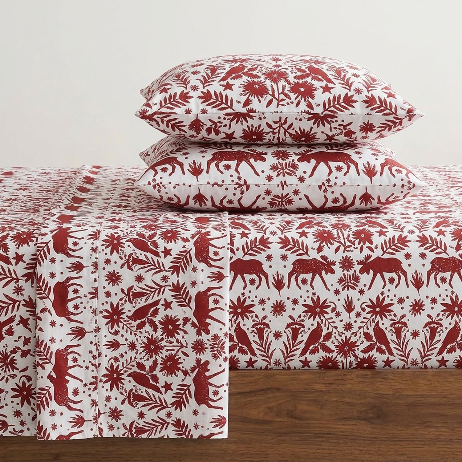 Eddie Bauer front view of queen sheet set showing full bedding and neat tuck, highlighting immediate cozy appeal
