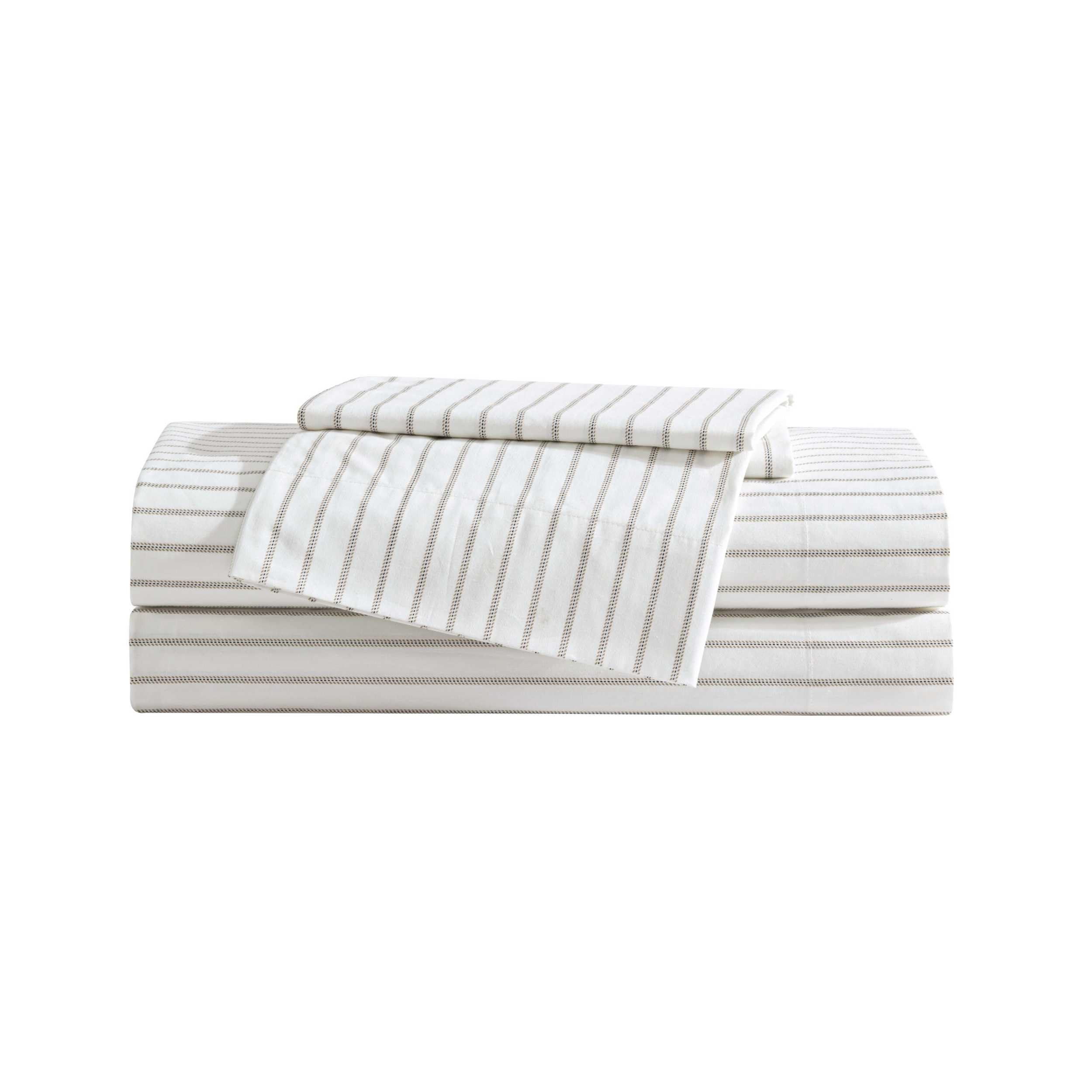 Eddie Bauer front view of queen sheet set showing neat beige stripe and complete set benefits