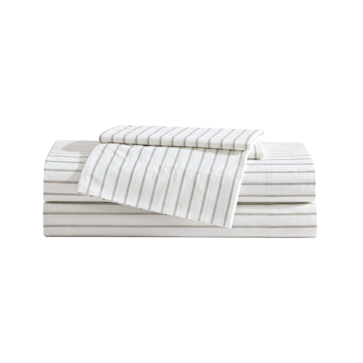 Eddie Bauer front view of queen sheet set showing neat beige stripe and complete set benefits