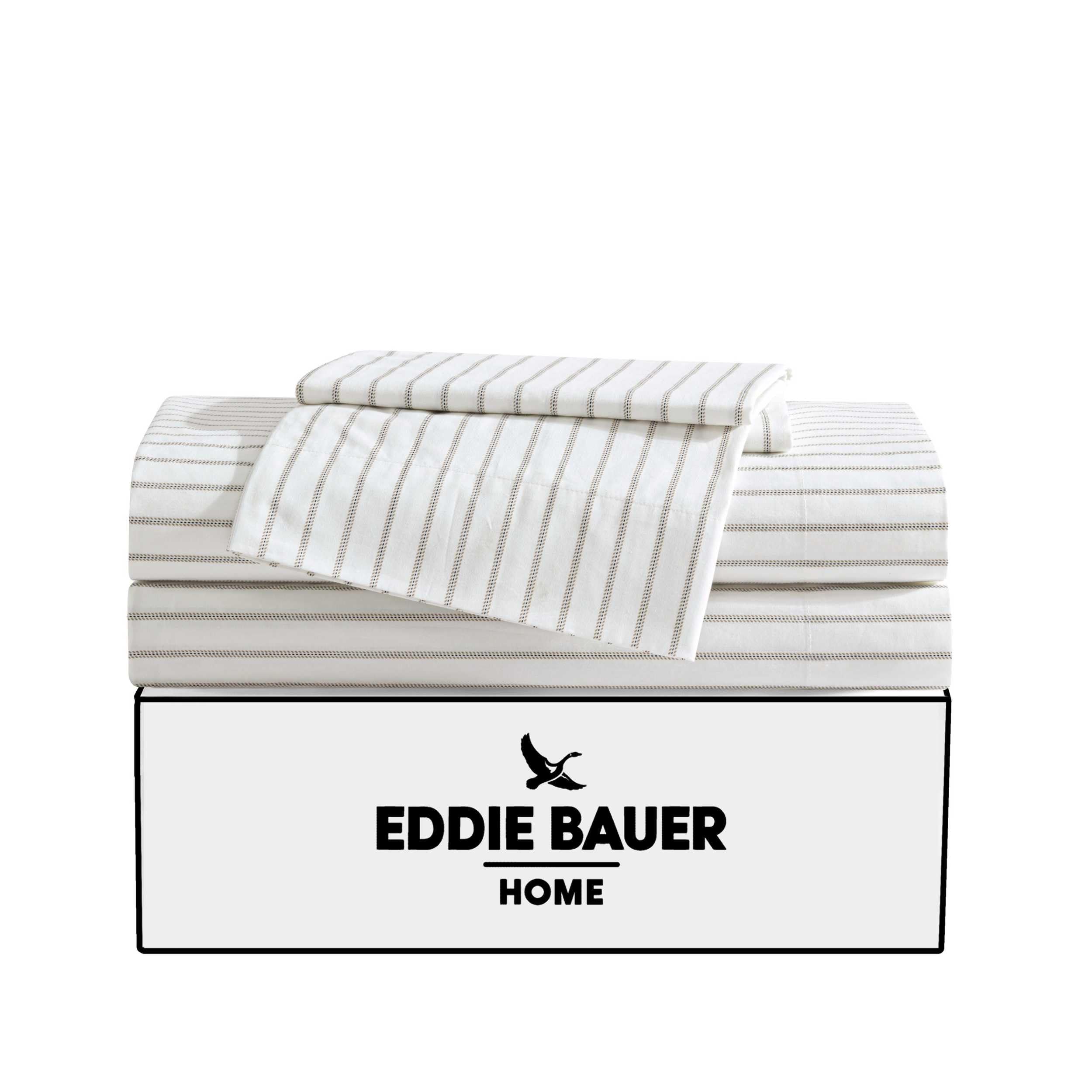 Eddie Bauer folded flat sheet showing beige stripe and easy layering for bedroom styling