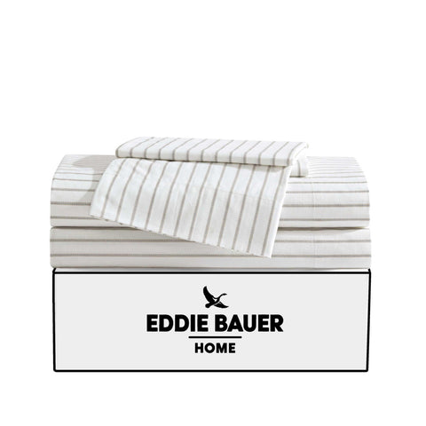 Eddie Bauer folded flat sheet showing beige stripe and easy layering for bedroom styling