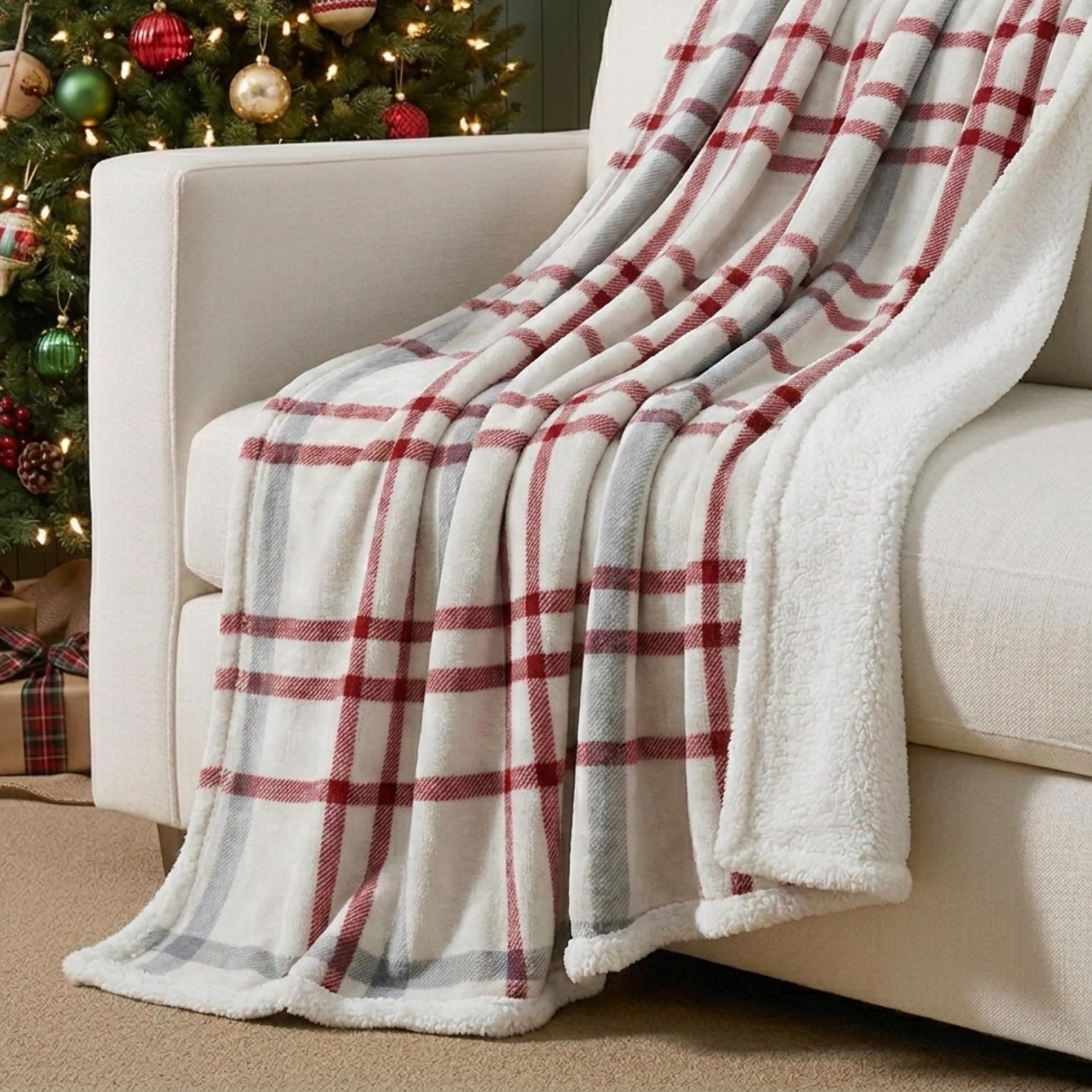Eddie Bauer throw draped on sofa in living room for cozy styling