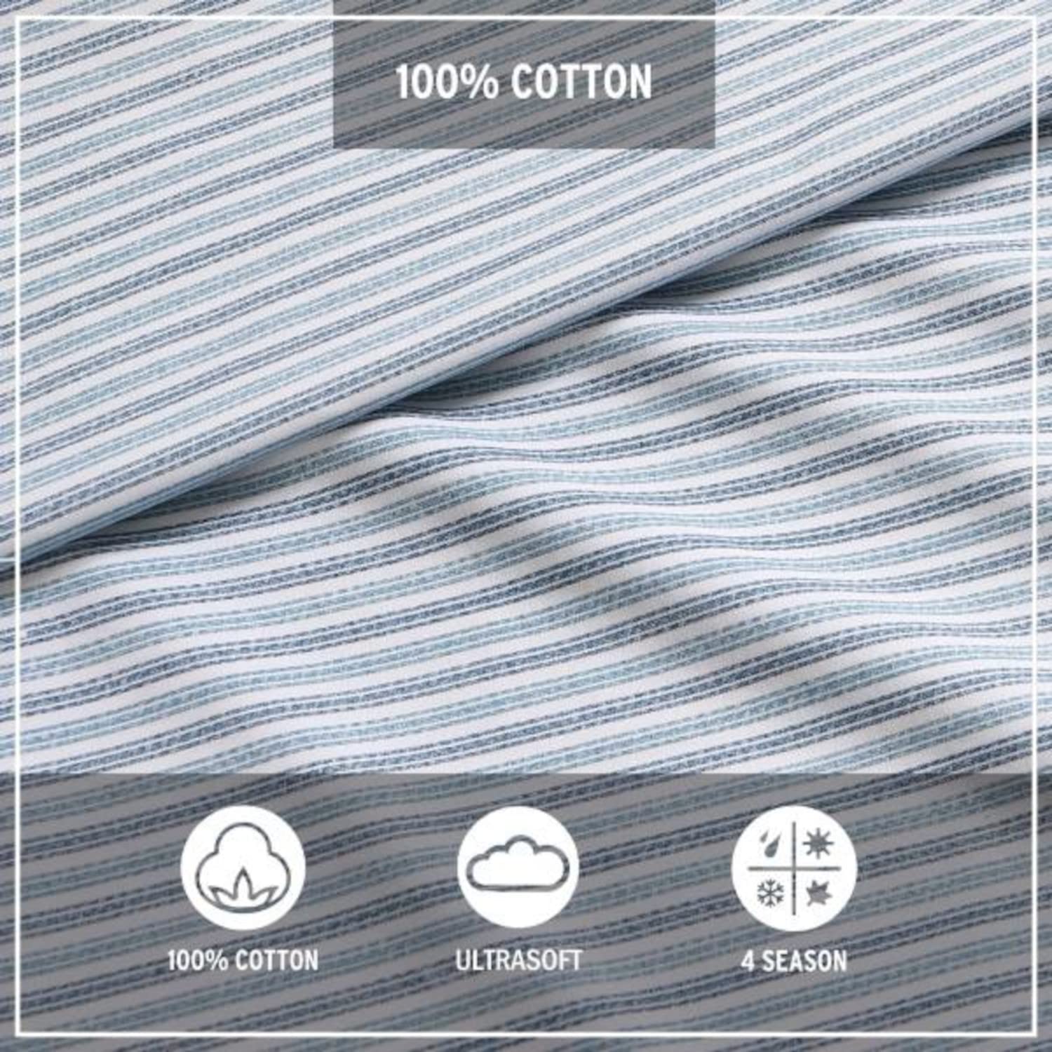 Eddie Bauer ticking-stripe lifestyle setting showing relaxed look for versatile styling