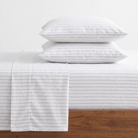 Eddie Bauer front view of Trail Stripe twin sheet set showing pattern and packaging with cozy appeal