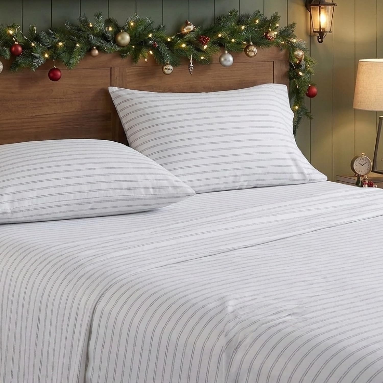 Eddie Bauer flat-lay of pillowcase and flat sheet highlighting matching Trail Stripe design for coordination