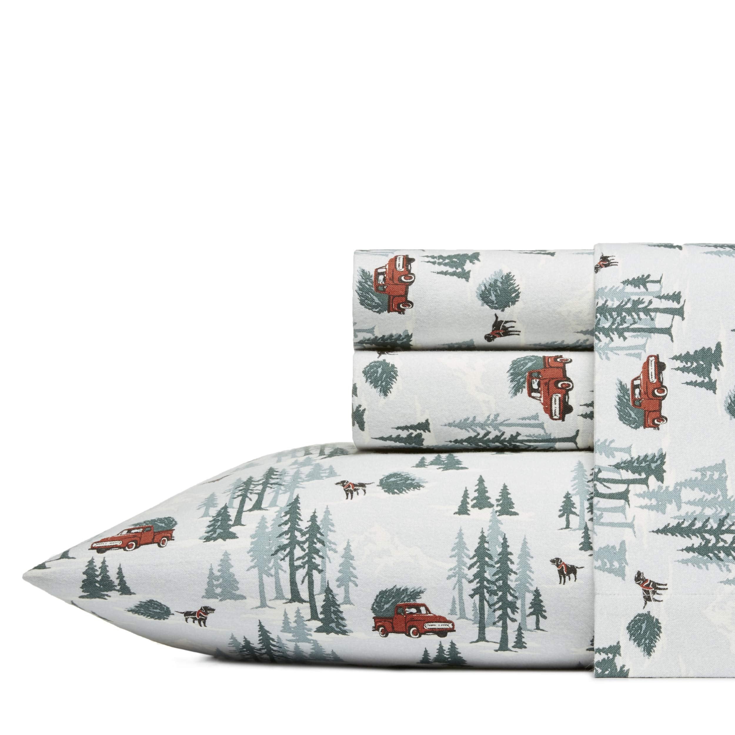 Eddie Bauer full sheet set front view showing Tree Farm Light Blue pattern and fit