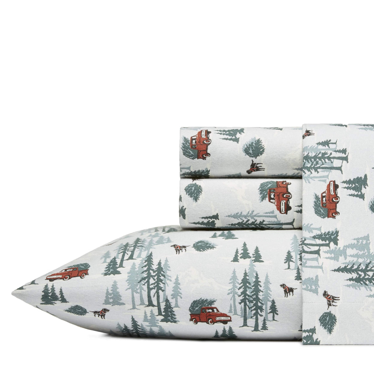 Eddie Bauer full sheet set front view showing Tree Farm Light Blue pattern and fit