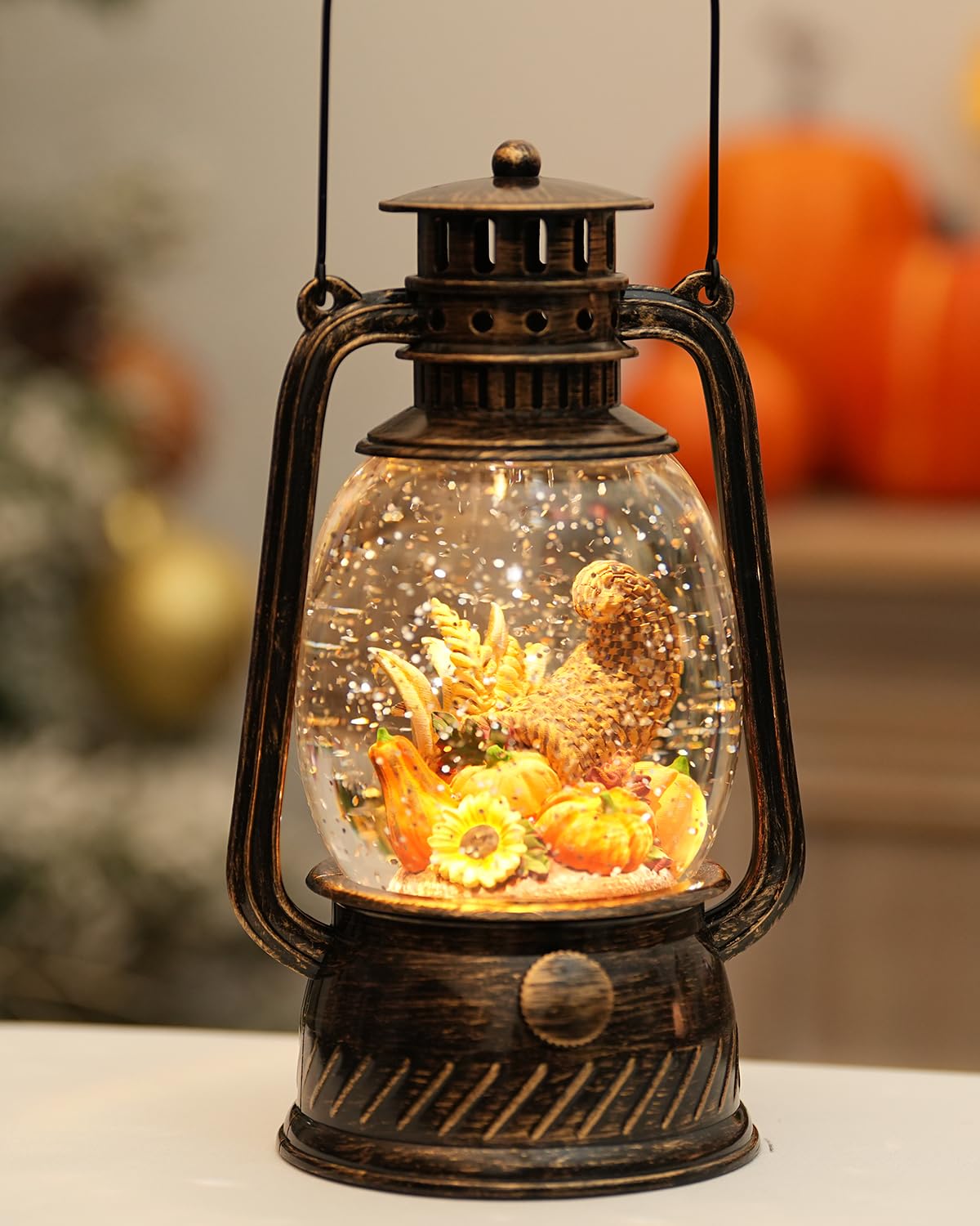 EDDORUNNING front view of snow globe lantern showing pumpkin and sunflower scene, adds seasonal charm