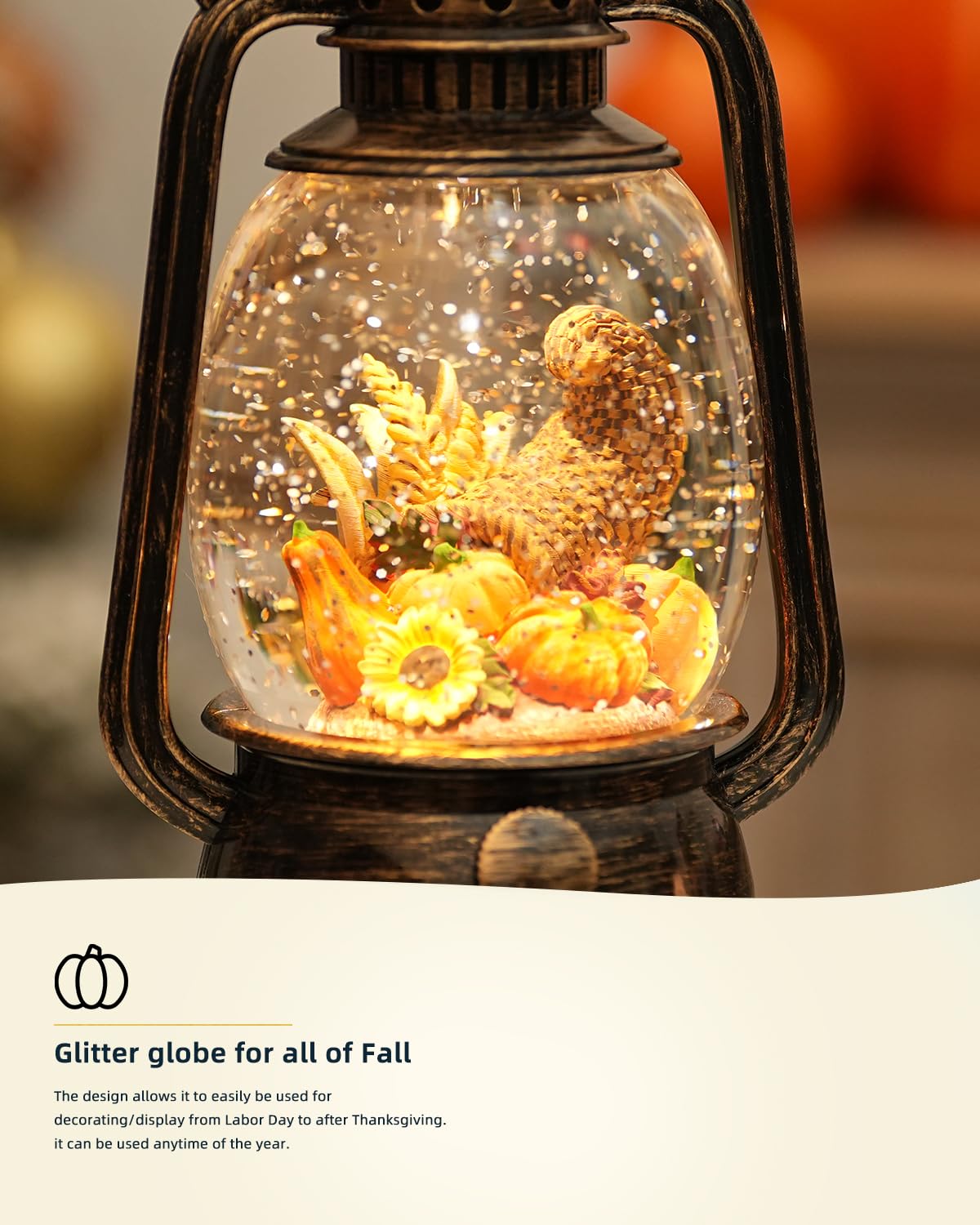 EDDORUNNING snow globe on mantel lit at dusk creating cozy fall ambiance for guests