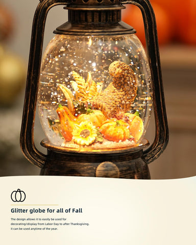 EDDORUNNING snow globe on mantel lit at dusk creating cozy fall ambiance for guests