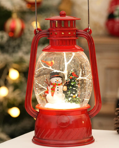 EDDORUNNING lantern front view showing snowman scene and warm glow for festive ambiance