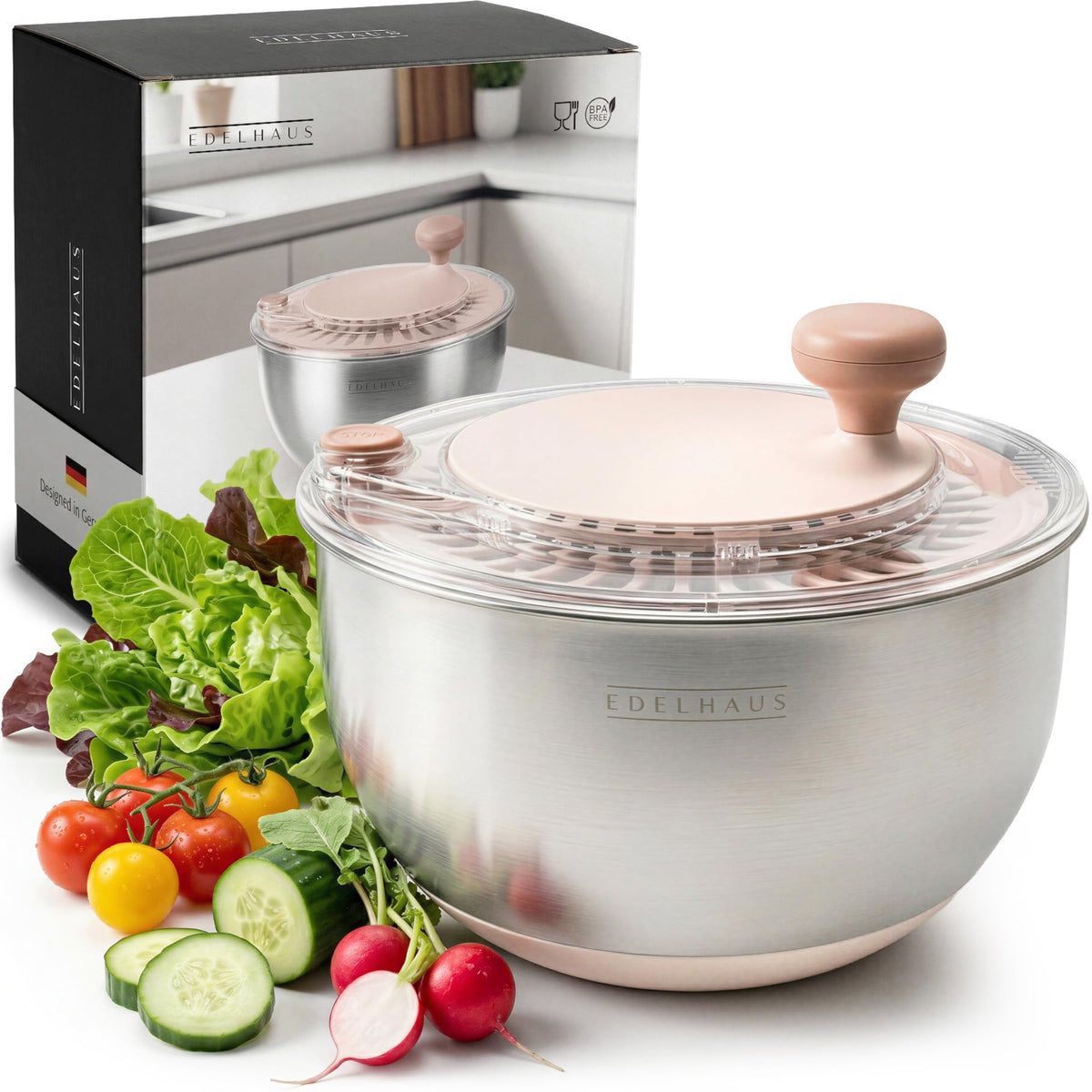 EDELHAUS front view of stainless salad spinner showing durable build and capacity
