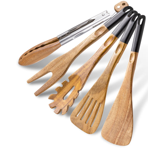 Edergoo front view of full 5-piece wooden utensil set highlighting completeness and style