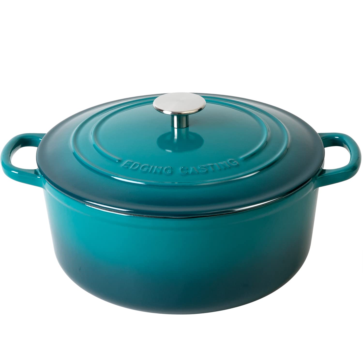 EDGING CASTING Dutch oven front view showing darkcyan enamel and dual handles, stylish and functional