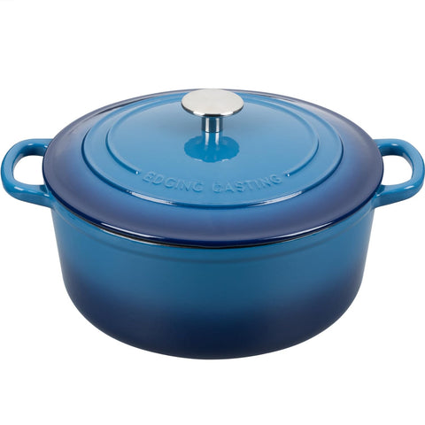 EDGING CASTING front view of lake blue Dutch oven showing design and capacity benefit