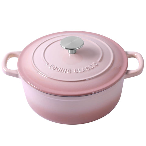 EDGING CASTING front view of pink Dutch oven showing design and serving appeal