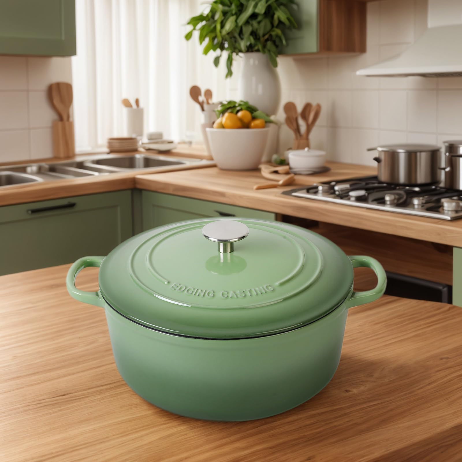EDGING CASTING Dutch oven on kitchen counter adding color and durable cookware style