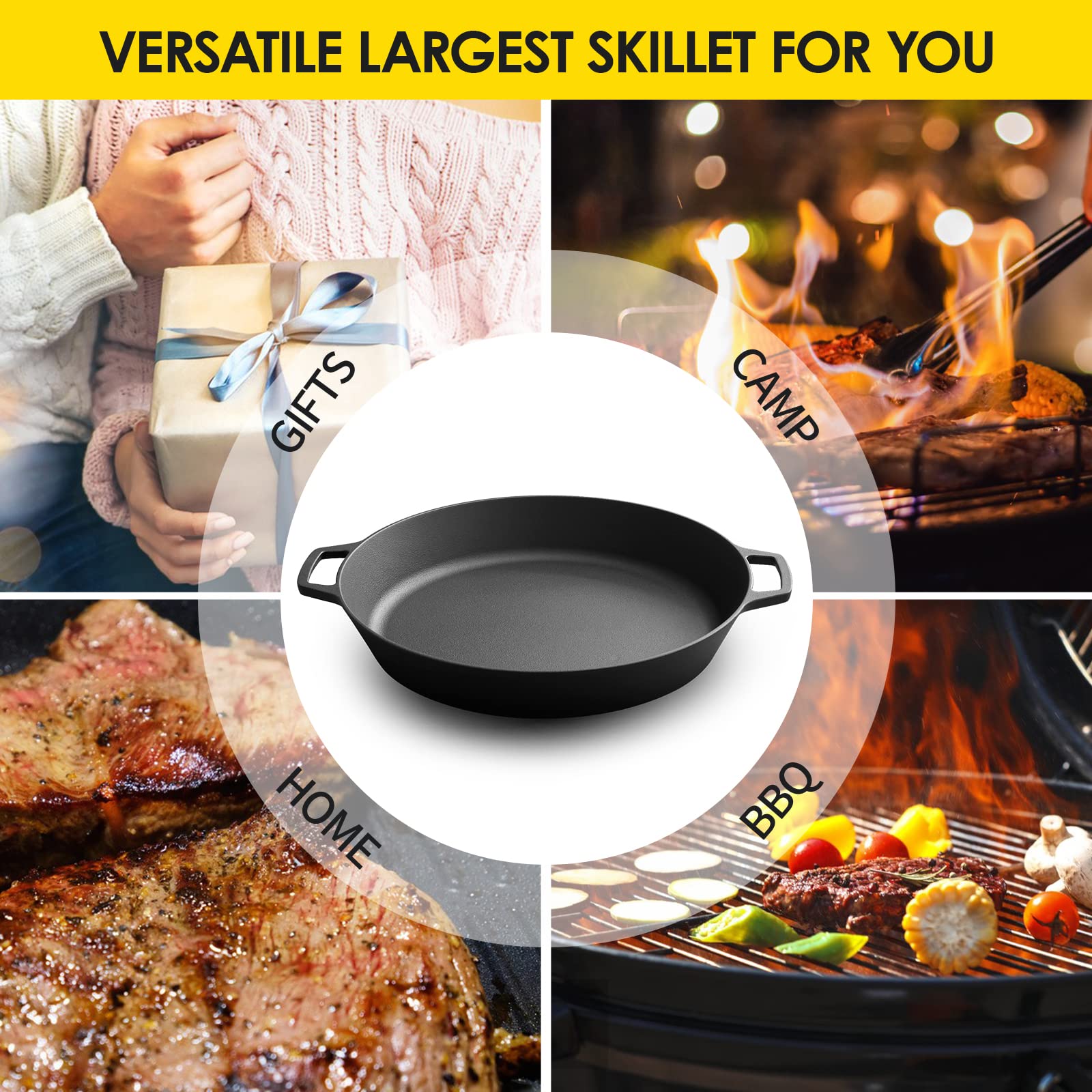 EDGING CASTING skillet beside ruler demonstrating true 17-inch cooking diameter