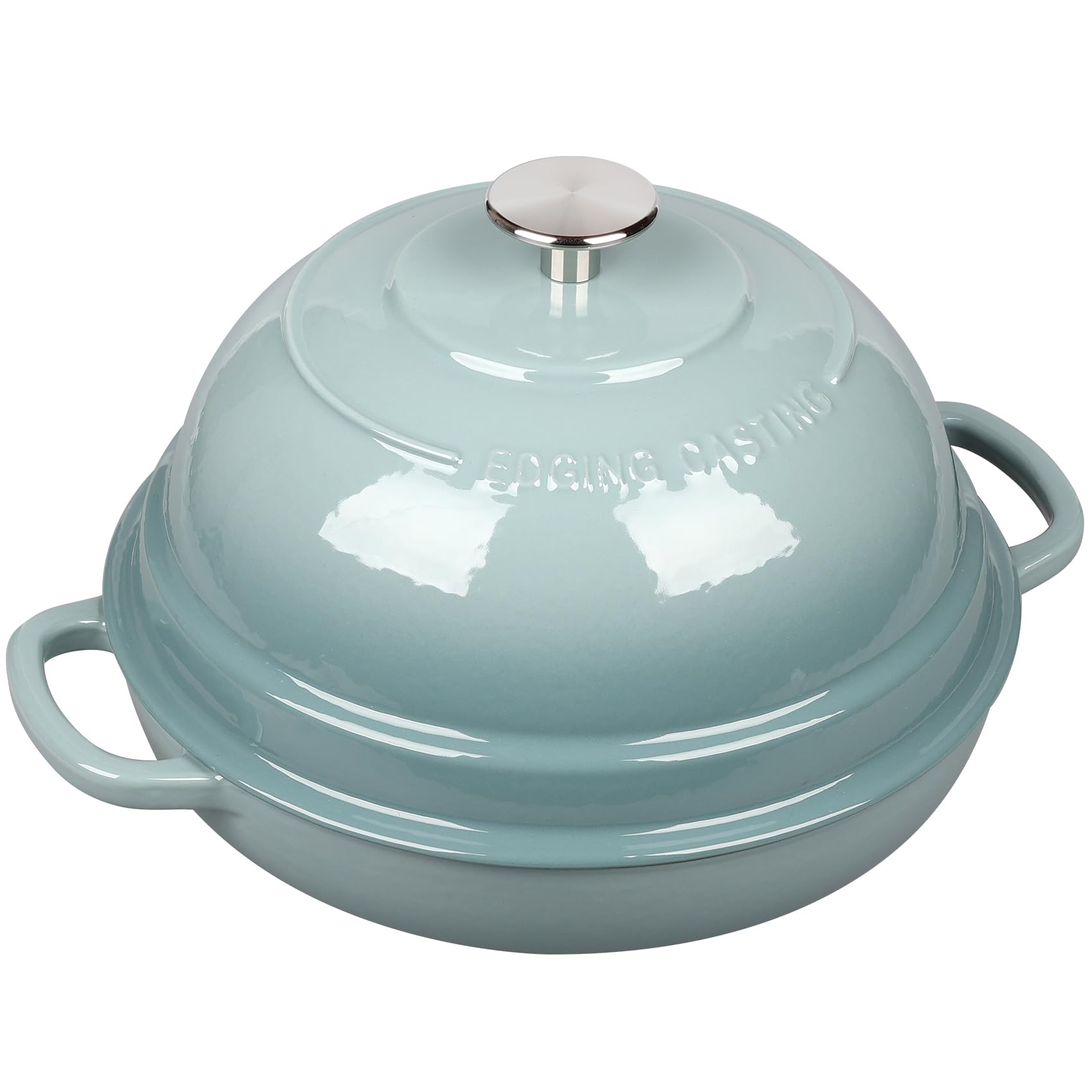 EDGING CASTING pot held by hand for scale showing 6-quart capacity and solid stability