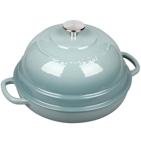 EDGING CASTING pot held by hand for scale showing 6-quart capacity and solid stability