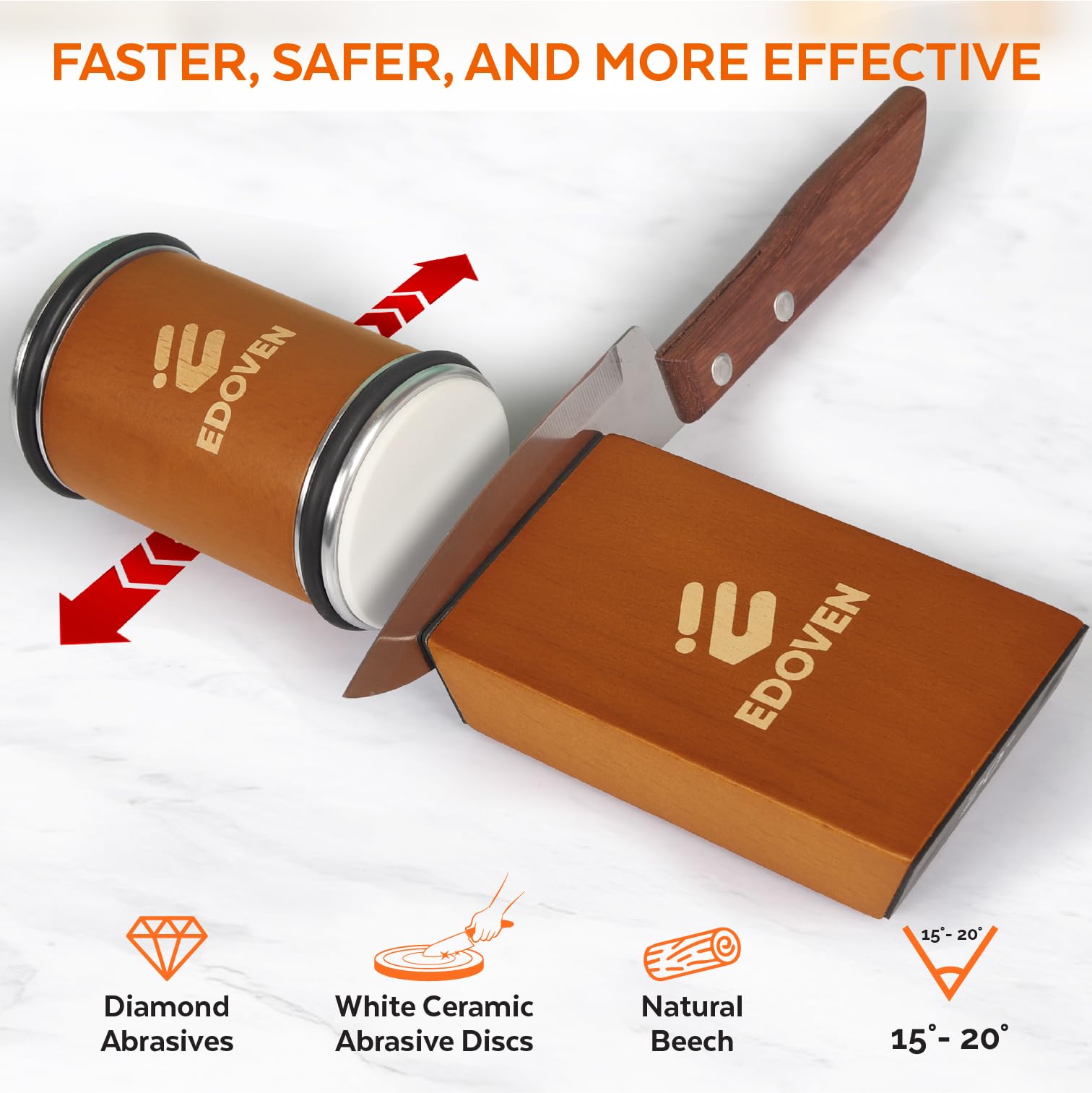 EDOVEN in use on a chef knife showing easy rolling motion for consistent results