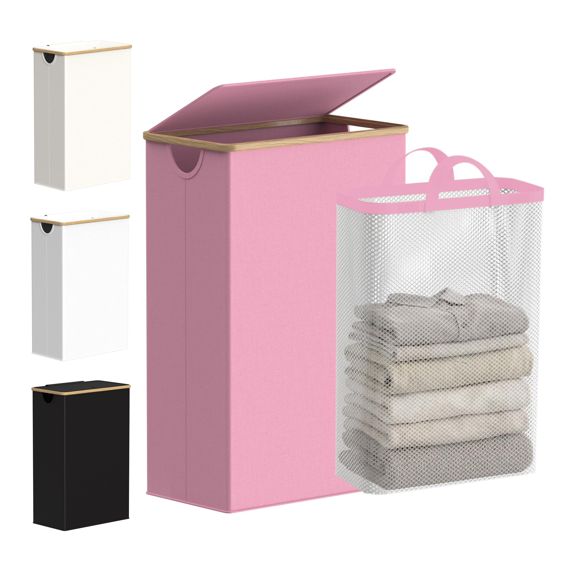 efluky front view of slim pink laundry basket showing compact footprint and neat appearance