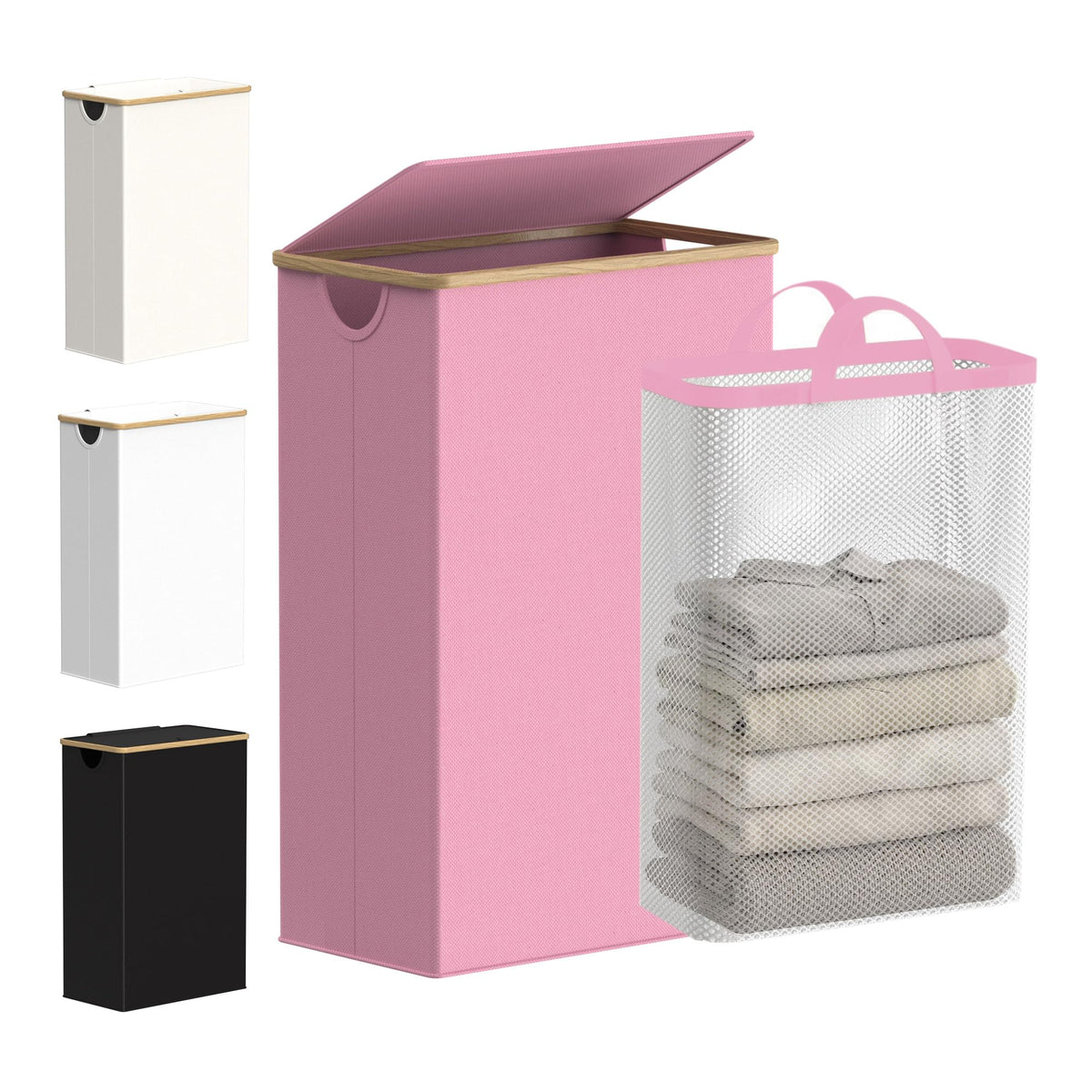 efluky front view of slim pink laundry basket showing compact footprint and neat appearance