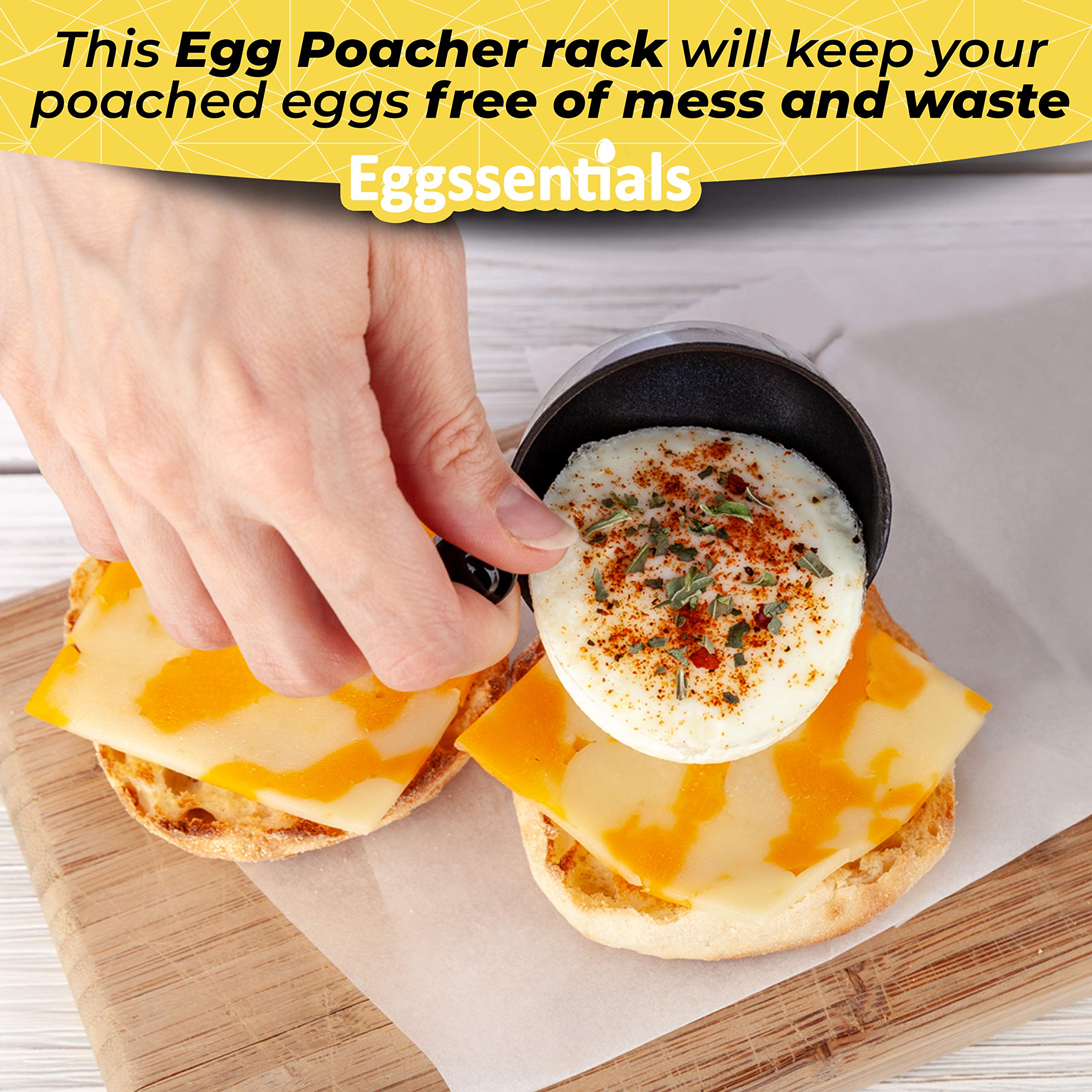 Eggssentials cups lifted from rack ready to serve for neat plating benefit