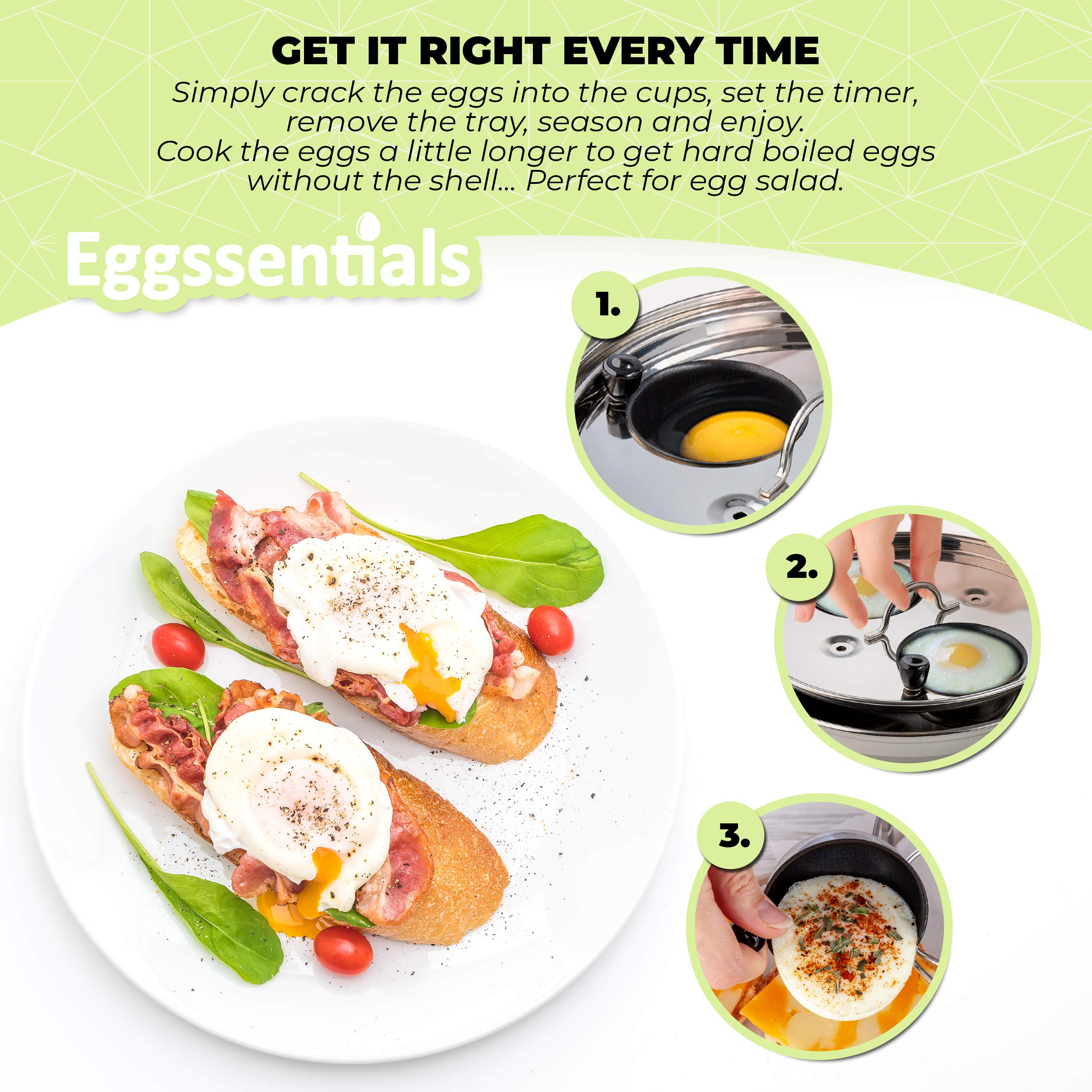 Eggssentials two poached eggs in cups demonstrating consistent whites and runny yolks