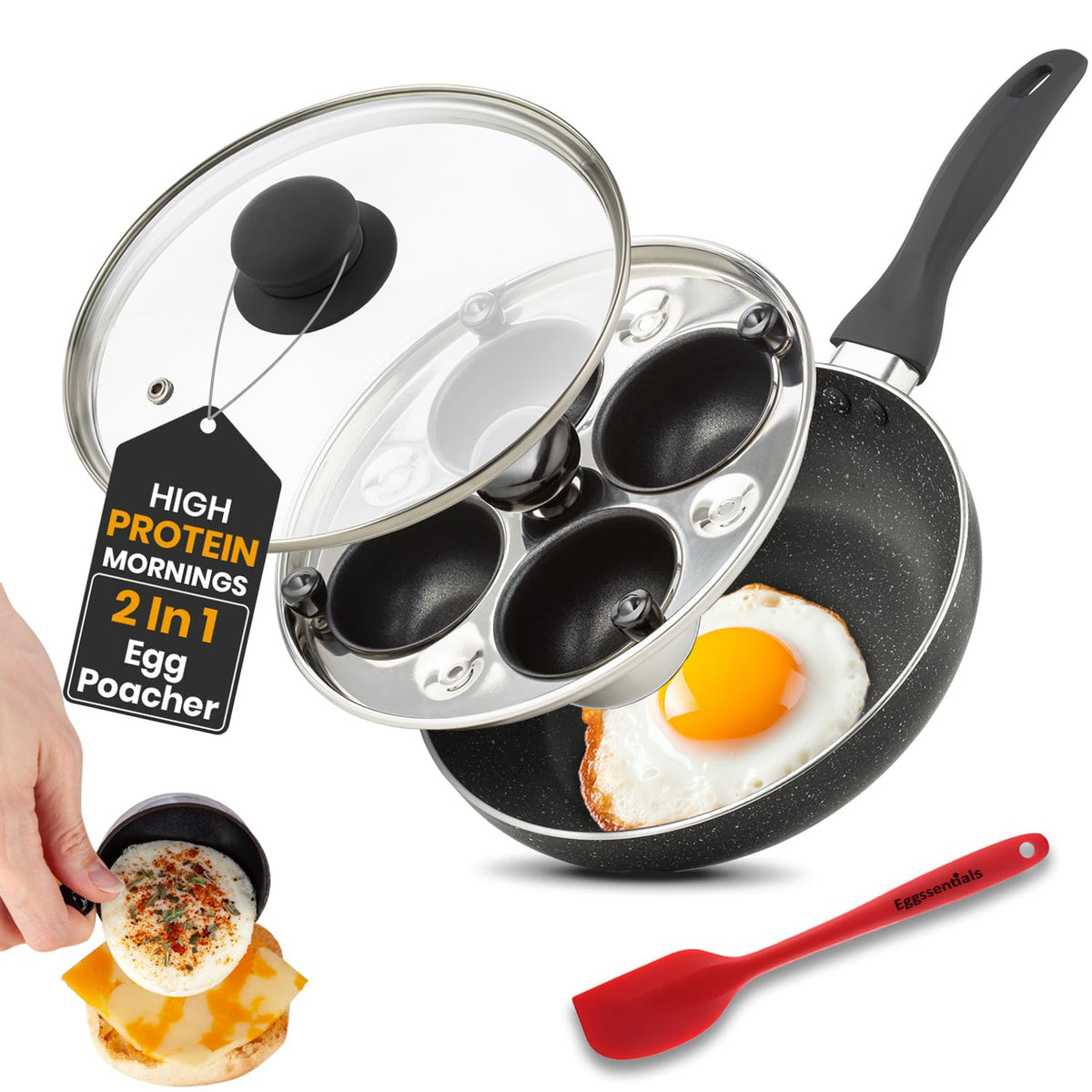 Eggssentials front view of pan and lid showing compact all-in-one design and easy storage benefit