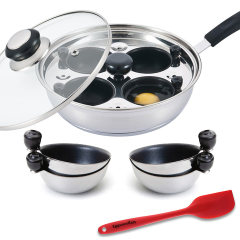 Eggssentials front view showing four-cup poacher and steel body for even cooking