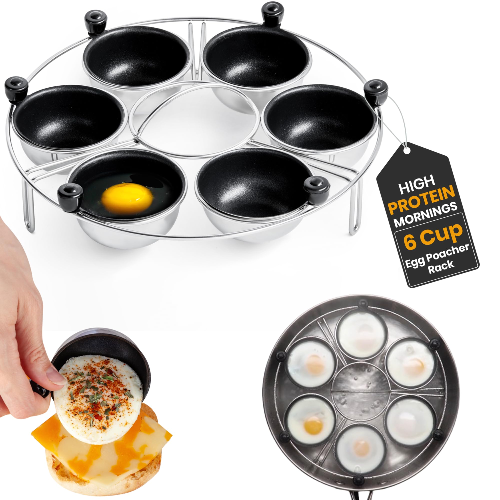 Eggssentials front view rack and six cups showing organized cooking benefit