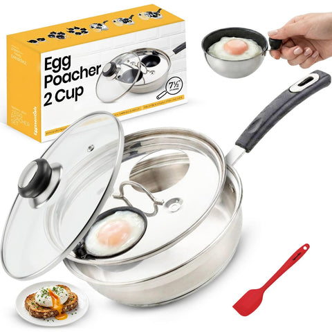 Eggssentials front view stainless poacher showcasing sleek design and durable build for even heating