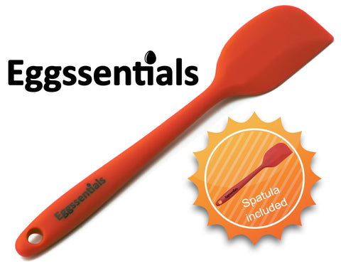 Eggssentials pan beside spatula showing size comparison and practical scale