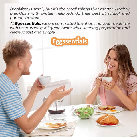 Eggssentials pan next to eggs for size comparison showing 8-inch capacity and portioning benefit