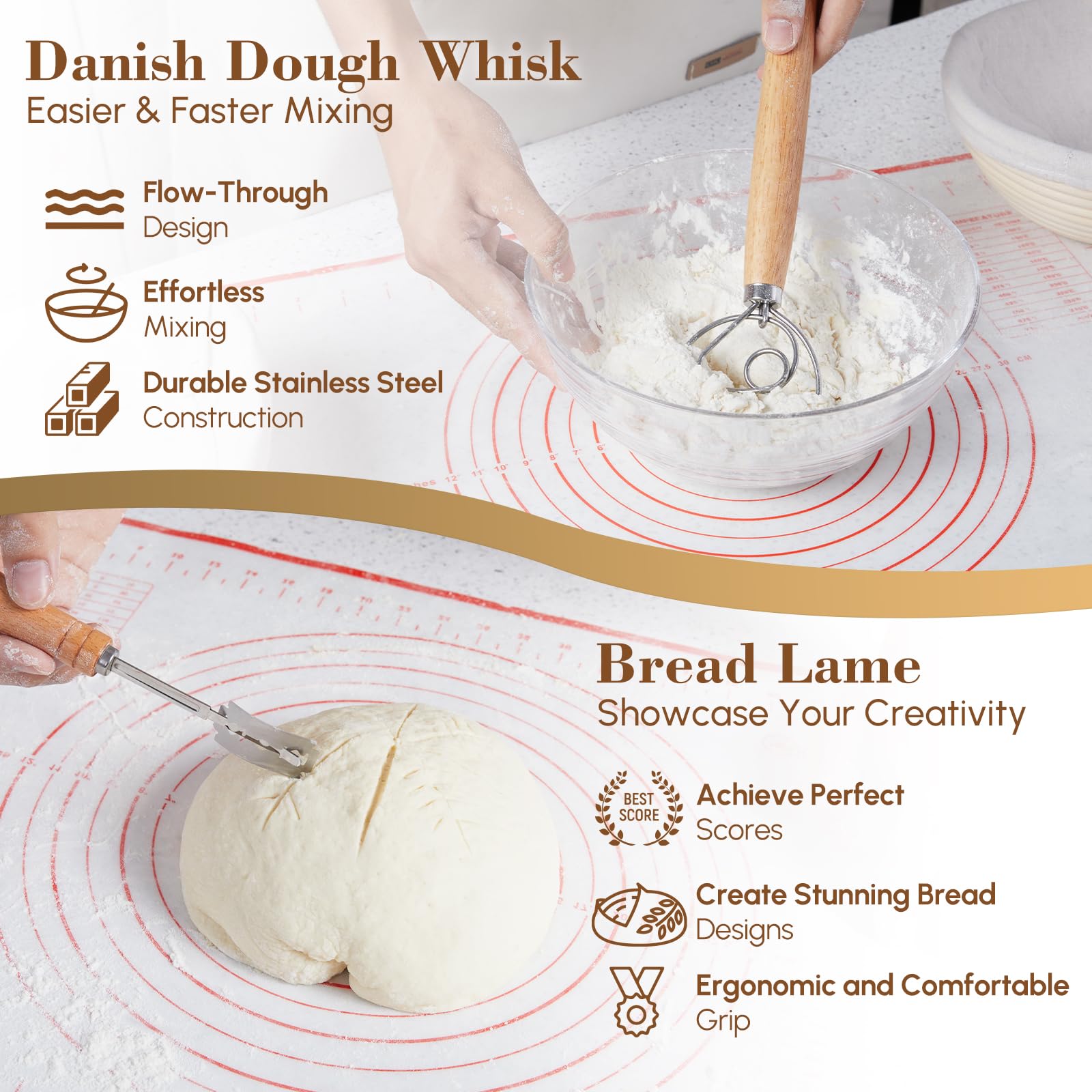 EGHOMZ Danish dough whisk in mixing bowl demonstrating fast lump-free mixing benefit