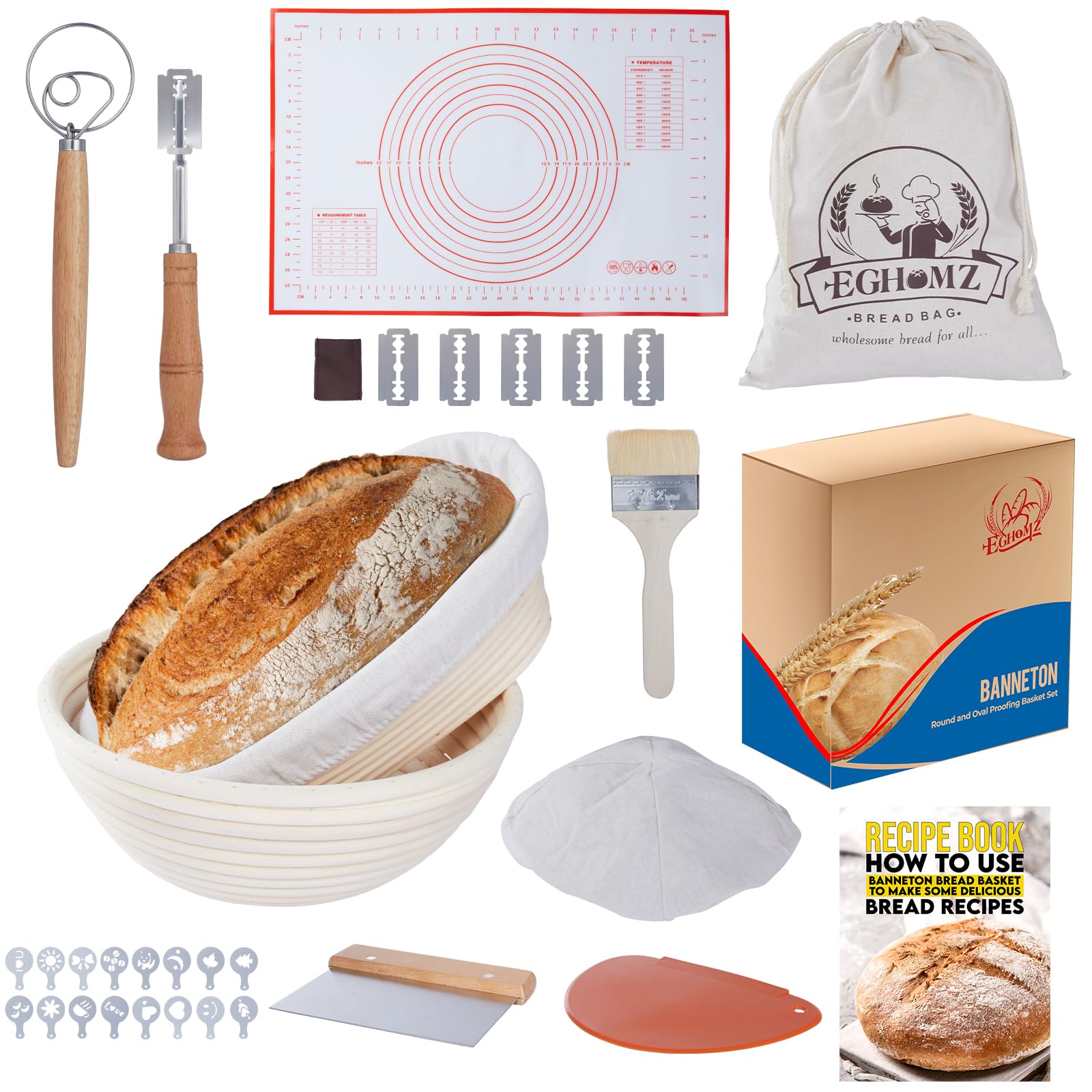 EGHOMZ front packaging of bread proofing set shows tools and gift-ready box benefit convenience