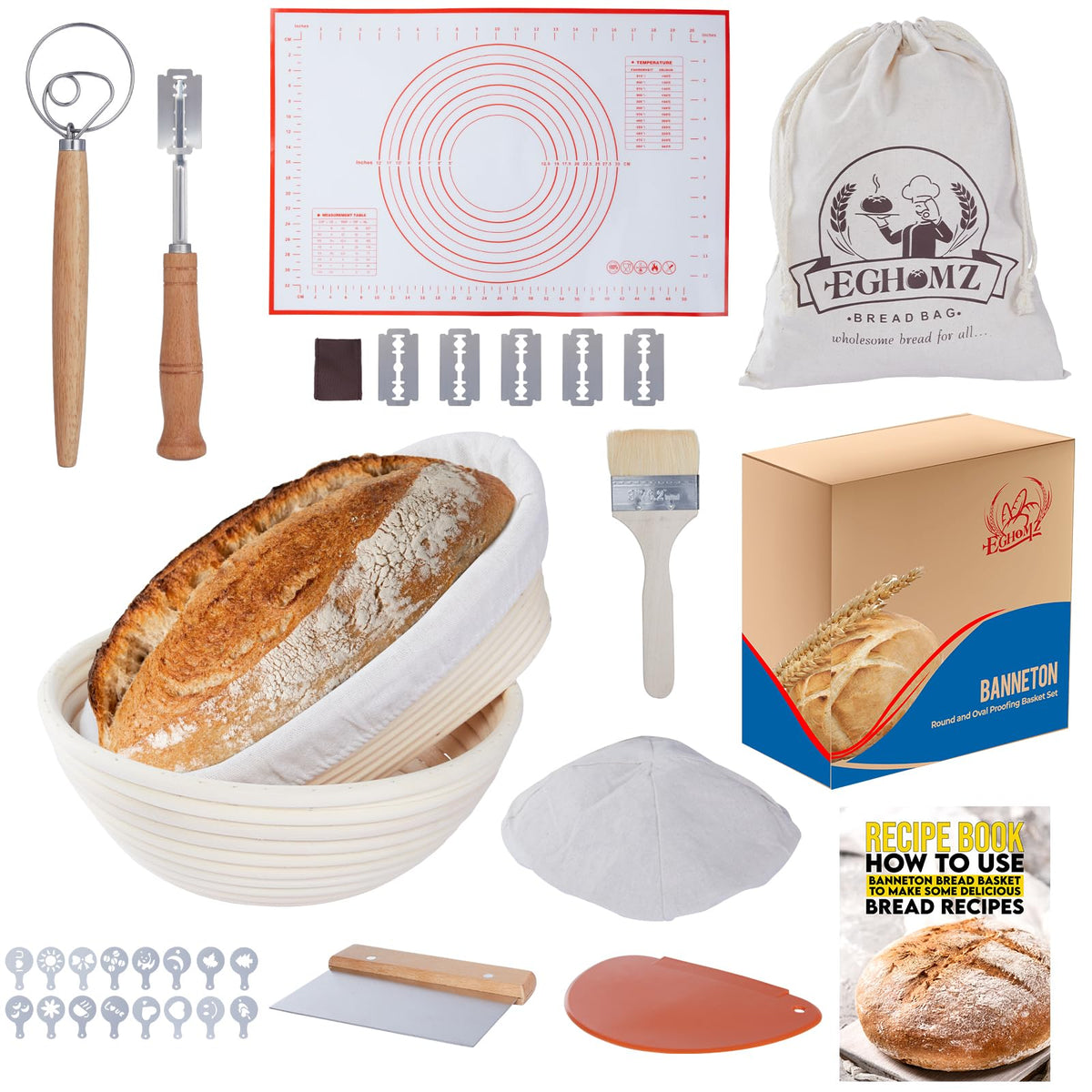 EGHOMZ front packaging of bread proofing set shows tools and gift-ready box benefit convenience