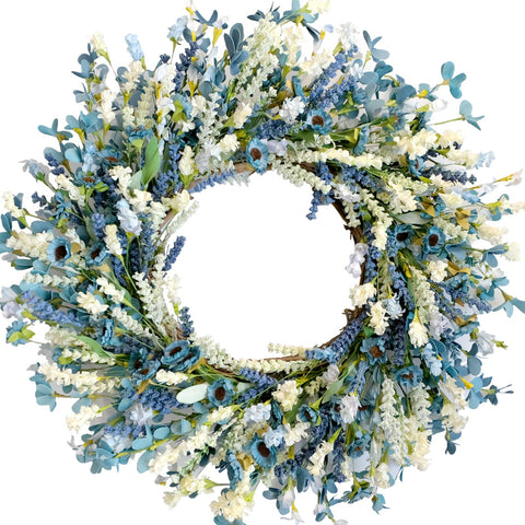 egolot front door wreath showing full blue ivory arrangement and welcoming curb appeal