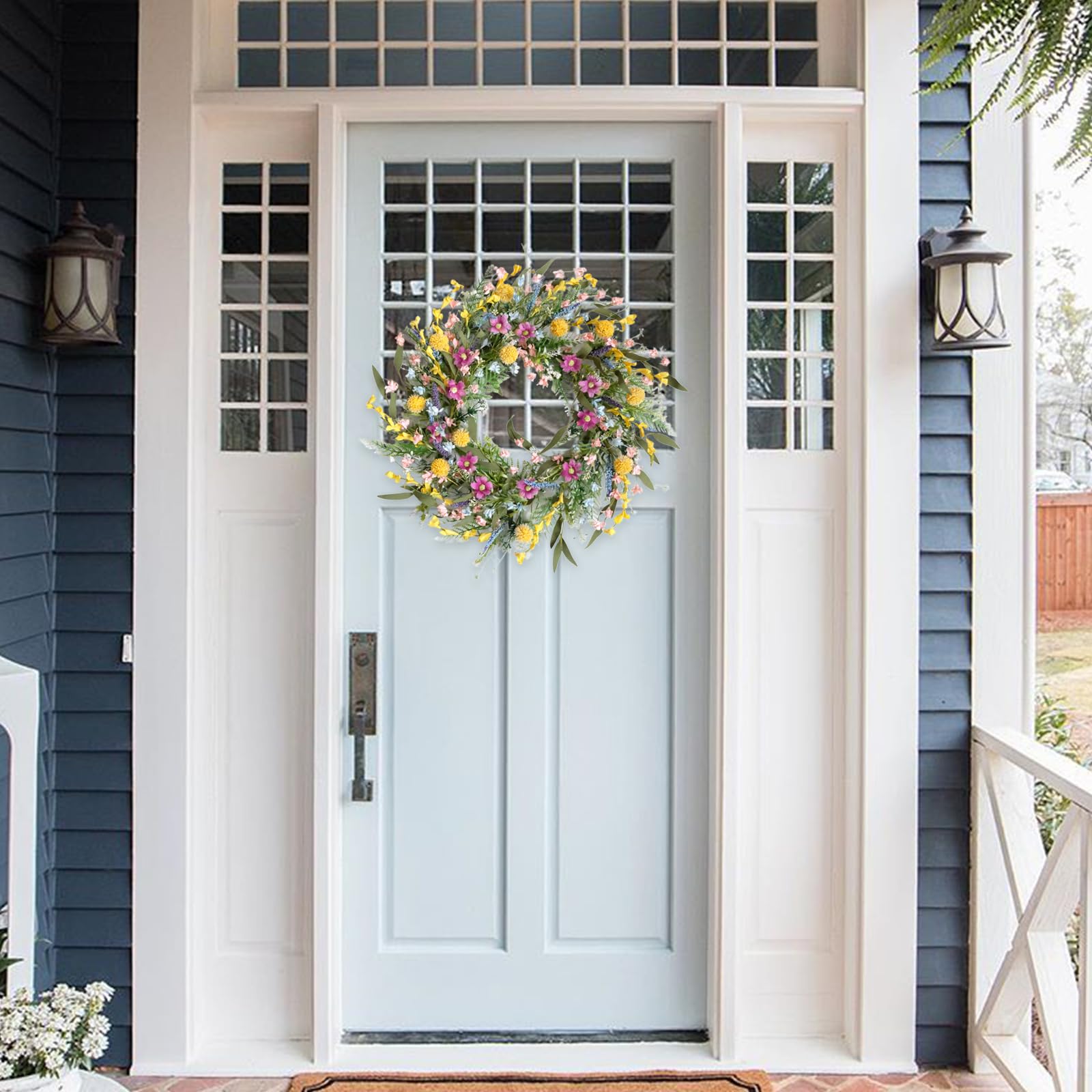 Egolot wreath hung on porch door creating welcoming curb appeal