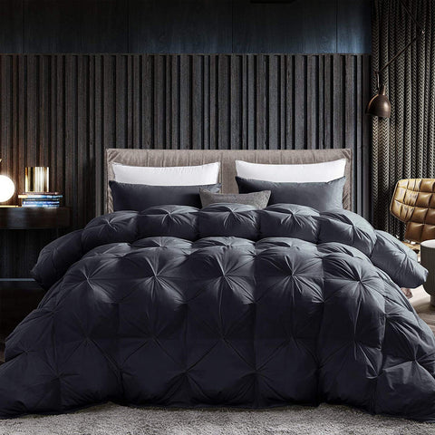 EGYPTIAN BEDDING front view showing black pinch pleat for elegant bedroom styling