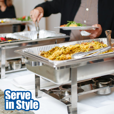 EHOMEA2Z pan placed in chafing tray demonstrating steam table compatibility