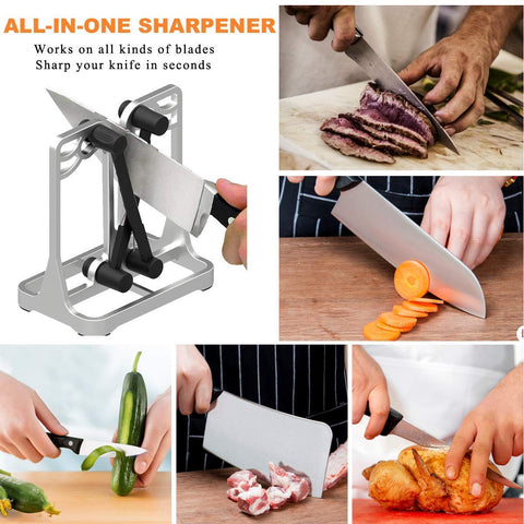 Ehoyal sharpening a chef's knife with guided stroke, safe controlled sharpening